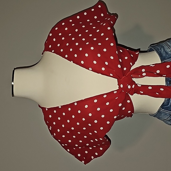 Red White PolkaDot Tie Front Crop Top Retro Flirty Sleeves Versatile - Picture 3 of 11